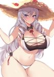  1girl algerie_(azur_lane) azur_lane bangs bare_shoulders bikini black_bikini black_flower black_rose blush breasts cleavage closed_mouth commentary detached_collar flower hair_between_eyes hands_up hat hat_flower huge_breasts kuavera long_hair looking_at_viewer mole mole_under_eye multi-strapped_bikini navel neck_ribbon purple_eyes red_flower red_ribbon ribbon rose sidelocks silver_hair simple_background smile solo straw_hat sunlight swept_bangs swimsuit thick_thighs thighs white_background white_bikini 