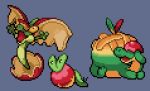  appletun applin commentary_request creature flapple full_body gen_8_pokemon green_eyes grey_background jon_(zyagapi) no_humans pixel_art pokemon pokemon_(creature) simple_background sprite yellow_eyes 