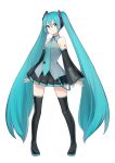  1girl aqua_eyes aqua_hair aqua_nails aqua_necktie bare_shoulders belt black_skirt black_sleeves black_thighhighs boots commentary contrapposto derivative_work detached_sleeves full_body grey_shirt hair_ornament hatsune_miku headphones headset highres long_hair looking_at_viewer mamo_(fortune-mm) miniskirt nail_polish necktie number_tattoo outstretched_hand pleated_skirt shirt shoulder_tattoo skirt sleeveless sleeveless_shirt sleeves_past_wrists smile solo standing tattoo thigh_boots thighhighs twintails very_long_hair vocaloid vocaloid_boxart_pose zettai_ryouiki 