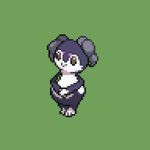  closed_mouth commentary_request creature full_body gen_8_pokemon green_background grey_eyes indeedee indeedee_(female) jon_(zyagapi) lowres no_humans pixel_art pokemon pokemon_(creature) simple_background smile standing 