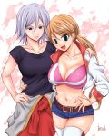  2girls abe_tsukumo azee_gurumin belt blonde_hair breasts cleavage closed_mouth earrings green_eyes gundam gundam_tekketsu_no_orphans heart heart_earrings jewelry lafter_frankland large_breasts long_hair looking_at_viewer midriff multiple_girls navel open_mouth short_hair short_shorts shorts silver_hair smile thighhighs twintails 