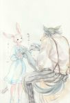  2020 anthro beastars bottomwear canid canine canis clothed clothing dress duo female fully_clothed fur grey_body grey_fur hand_holding haru_(beastars) japanese_text lagomorph legoshi_(beastars) leporid looking_at_another male mammal mizue pants rabbit simple_background sitting text white_background white_body white_fur wolf 