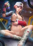  bandage bandaid blush breasts brown_eyes brown_hair d.va hat nipples overwatch plaster_bandage pussy watermark 