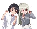  1girl alternate_hairstyle anchovy_(girls_und_panzer) bangs blunt_bangs blunt_ends bob_cut claw_pose coco&#039;s commentary derivative_work drawstring eyebrows_visible_through_hair girls_und_panzer green_hair grey_shirt grin hair_down hair_ornament hairclip hood hood_down hoodie izawa_shiori kayabakoro leaning_to_the_side long_hair long_sleeves looking_at_viewer nail_polish paw_pose red_eyes red_nails shirt short_sleeves side-by-side simple_background skirt smile solo sono_midoriko standing white_background white_skirt yoshioka_maya 