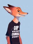  anthro blue_background canid canine clothed clothing disney english_text fox fur green_eyes male mammal nick_wilde orange_body orange_fur red_fox shirt simple_background solo t-shirt teeth text topwear txpir zootopia 