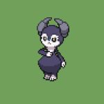  closed_mouth commentary_request creature frown full_body gen_8_pokemon green_background grey_eyes indeedee indeedee_(male) jon_(zyagapi) lowres no_humans pixel_art pokemon pokemon_(creature) simple_background standing 