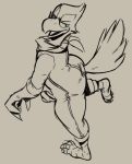  2018 anthro avian bandanna barefoot belly bird butt clothing digital_drawing_(artwork) digital_media_(artwork) falco_lombardi feathers flookz furgonomics hand_on_stomach inviting jumpsuit looking_at_viewer male monochrome naughty_face nintendo on_one_leg open_mouth presenting seductive simple_background sketch smile solo standing star_fox tail_feathers thick_thighs tongue video_games walking 
