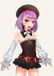  1girl :d absurdres bangs black_headwear black_panties black_skirt blush cowboy_shot detached_collar detached_sleeves eyebrows_visible_through_hair fate/grand_order fate_(series) flat_chest grey_background hat helena_blavatsky_(fate/grand_order) highres layered_skirt long_sleeves looking_at_viewer microskirt neck_ribbon open_mouth panties pleated_skirt purple_hair red_eyes ribbon shiny shiny_hair short_hair simple_background skirt smile solo standing strapless underwear white_ribbon white_sleeves yamabuki0211 