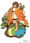  1girl :d blue_eyes bright_pupils brown_hair commentary_request full_body hair_between_eyes hair_ornament high_heels highres japanese_clothes kimono lansane leg_up official_art omuro_musume open_mouth original short_hair simple_background smile solo standing standing_on_one_leg tree tree_branch water white_background white_footwear white_pupils 