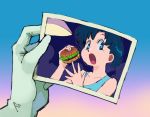  1girl bangs bishoujo_senshi_sailor_moon blue_eyes blue_hair collarbone dreaminerryday eating food gloves hamburger highres holding mizuno_ami open_mouth photo_(object) sailor_moon_redraw_challenge short_hair sleeveless 