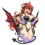  ahoge armor bare_shoulders bikini_armor blush breasts brown_eyes brown_hair cleavage curled_horns demon_girl demon_horns demon_tail demon_wings eyebrows_visible_through_hair horns kogaku_kazuya long_hair machikado_mazoku navel open_mouth panties revealing_clothes shiny shiny_hair simple_background solo tail thighhighs underwear white_background wings yoshida_yuuko_(machikado_mazoku) 