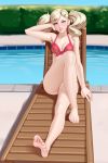  1girl absurdres barefoot bikini blonde_hair blue_eyes blurry blurry_background blush breasts chair cleavage closed_mouth feet hair_ornament hairclip highres kairunoburogu looking_at_viewer lounge_chair persona persona_5 red_bikini smile soles solo swimsuit takamaki_anne twintails water 