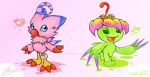  &lt;3 avian biyomon blue_eyes cha0zgallant claws digimon digimon_(species) elemental_creature feathers female flora_fauna flower green_body green_eyes open_mouth palmon pink_body pink_feathers plant purple_claws red_claws semi-anthro sharp_teeth signature smile standing teeth toe_claws tongue walking watermark 