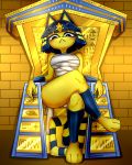  animal_crossing animal_humanoid ankha_(animal_crossing) anthro bandage blue_hair breasts cat_humanoid chair clothing domestic_cat egyptian_clothing egyptian_headdress felid felid_humanoid feline feline_humanoid felis female furniture hair heiroglyphs hi_res horsecat humanoid looking_at_viewer mammal mammal_humanoid nintendo short_hair sitting solo striped_tail stripes throne video_games 