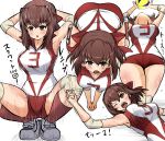  1girl absurdres action arms_behind_head bangs bouncing_breasts breasts brown_eyes brown_hair cleavage closed_eyes commentary elbow_pads eyebrows_visible_through_hair girls_und_panzer hands_together headband highres knee_pads kondou_taeko kumo_(atm) leaning_forward looking_up medium_hair motion_blur motion_lines multiple_views one_eye_covered open_mouth partially_translated red_headband red_legwear red_shirt red_shorts shirt shoes short_shorts shorts single_vertical_stripe sleeveless sleeveless_shirt sneakers socks sportswear squatting standing sweat translation_request volleyball volleyball_uniform white_background white_footwear 