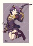  1girl arrow_(projectile) bernadetta_von_varley bike_shorts bow_(weapon) breasts chichibu_(chichichibu) cleavage closed_mouth dress fire_emblem fire_emblem:_three_houses full_body gloves grey_eyes hair_ornament holding holding_bow_(weapon) holding_weapon long_sleeves purple_hair quiver short_dress simple_background solo thigh_strap weapon yellow_gloves 