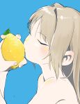  1girl absurdres bangs blue_background blush bouen closed_eyes eyebrows_visible_through_hair food fruit grey_hair highres holding holding_food holding_fruit lemon long_hair nude original simple_background solo upper_body water_drop 