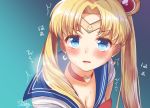  1girl artist_name bishoujo_senshi_sailor_moon blonde_hair blue_eyes blue_sailor_collar blush breasts choker cleavage crescent crescent_earrings derivative_work diadem earrings eyebrows_visible_through_hair hair_bun heart heart_choker heavy_breathing highres jewelry kazari_s long_hair red_choker sailor_collar sailor_moon sailor_moon_redraw_challenge sailor_senshi sailor_senshi_uniform screencap_redraw solo sweat tsukino_usagi twintails upper_body 