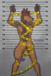  anthro ash_cinder canid canine canis coyote coywolf hi_res hybrid inmate male mammal nude pinup police_tape pose prison prisoner solo wallswhisper wolf wrappings 