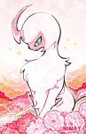  absol alternate_color blue_eyes closed_mouth commentary commission creature english_commentary flower full_body gen_3_pokemon highres no_humans pokemon pokemon_(creature) shiny_pokemon signature simple_background sitting smile solo sparkle white_background yoshida_nina 