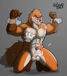  anthro blush bodily_fluids canid canine ejaculation fox genitals ghost_hands hi_res humanoid lewddale male mammal masturbation muscular muscular_male nipples pec_grab penis solo sweat 