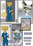  anthro bandage bird_dog black_spots brown_eyes brown_nose canid canine canis clothed clothing clouded_leopard comic dialogue digital_media_(artwork) doctor domestic_dog duo english_text eyes_closed felid female fingers floppy_ears fur gloves golden_retriever grey_body grey_fur grimart handwear hospital hunting_dog jonesy_hoovus_(grimart) latex_gloves mammal open_mouth pantherine paranoid pink_nose retriever scared simple_background sitting smile speech_bubble spots spotted_body spotted_fur stressed text topwear 