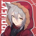  1girl animal_ears arknights artist_name bangs character_name chinese_commentary commentary_request eyebrows_visible_through_hair fur-trimmed_jacket fur_trim hair_between_eyes hood hooded_jacket jacket looking_at_viewer nian outline parted_lips projekt_red_(arknights) red_background red_jacket short_hair silver_hair solo upper_body white_outline wolf_ears yellow_eyes 