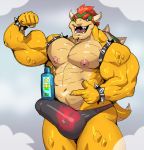  abs bowser bracelet bulge clothing flexing hair horn jewelry koopa looking_at_viewer male mario_bros muscular muscular_male navel nintendo nipples open_mouth pecs red_eyes red_hair reptile scalie shampoo_challenge sharp_teeth smile spiked_bracelet spikes sxfpantera teeth thong underwear video_games 