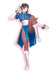  1girl alternate_costume black_hair blue_dress boots bracelet breasts brown_hair brown_legwear bun_cover china_dress chinese_clothes chun-li chun-li_(cosplay) commentary_request cosplay cross-laced_footwear double_bun dress earrings eyebrows_visible_through_hair fighting_stance full_body glasses hairband highres jewelry kantai_collection knee_boots long_hair looking_to_the_side ooyodo_(kantai_collection) pantyhose pelvic_curtain puffy_short_sleeves puffy_sleeves sash semi-rimless_eyewear short_sleeves simple_background small_breasts solo spiked_bracelet spikes standing standing_on_one_leg street_fighter thighs under-rim_eyewear white_background white_footwear yuuji_(and) 