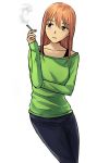  1girl arm_across_chest black_pants brown_eyes brown_hair cigarette green_shirt hair_between_eyes hand_up highres pants reiquant shirt simple_background smoking solo standing white_background yesterday_wo_utatte yuzuhara_chika 