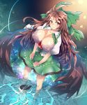  1girl black_wings bow breasts brown_hair cape cleavage commentary_request floating_hair green_bow green_skirt hair_bow highres kneehighs large_breasts light_smile long_hair looking_at_viewer miniskirt open_clothes open_shirt red_eyes reiuji_utsuho shirt shoes skirt solo standing third_eye touhou umigarasu_(kitsune1963) white_shirt wings 