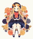  1girl abigail_williams_(fate/grand_order) blonde_hair bow closed_mouth clothing_request commentary_request dress fate/grand_order fate_(series) flower green_eyes hair_bow highres looking_at_viewer mimo_lm shoes solo stuffed_animal stuffed_toy symbol_commentary tagme teddy_bear 