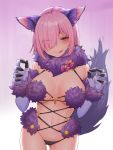  1girl animal_ears bare_shoulders black_panties blush breasts commentary_request dangerous_beast elbow_gloves eyebrows_visible_through_hair eyes_visible_through_hair fate/grand_order fate_(series) fur_trim gloves hair_over_one_eye halloween_costume highres large_breasts lavender_hair looking_at_viewer mash_kyrielight mikan_(chipstar182) navel open_mouth panties pink_background pink_hair purple_eyes purple_gloves revealing_clothes short_hair simple_background smile solo tail tongue tongue_out underwear white_background wolf_ears wolf_tail 