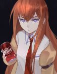  1girl bangs belt belt_buckle blue_eyes breast_pocket bright_pupils brown_hair buckle can cheshikk closed_mouth collar collared_shirt dr_pepper hair_between_eyes highres holding jacket long_hair long_sleeves looking_at_viewer makise_kurisu necktie pocket red_neckwear shirt soda soda_can solo steins;gate white_pupils 