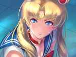  1girl bangs bishoujo_senshi_sailor_moon blonde_hair blue_eyes blue_sailor_collar breasts choker circlet cleavage clenched_teeth crescent crescent_earrings derivative_work diadem double_bun earrings eyebrows_visible_through_hair frown hair_ornament hair_over_shoulder heart heart_choker highres jewelry karaagemaru long_hair looking_to_the_side parted_bangs parted_lips red_choker sailor_collar sailor_moon sailor_moon_redraw_challenge sailor_senshi sailor_senshi_uniform screencap_redraw solo sweatdrop teeth tsukino_usagi twintails upper_body 