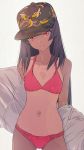  1girl absurdres akagi_(fmttps) bare_shoulders baseball_cap bikini black_hair brown_headwear closed_mouth collarbone commentary_request copyright_request cowboy_shot flat_chest grey_background grey_shirt hat head_tilt highres long_hair looking_at_viewer navel off_shoulder one-piece_tan open_clothes open_shirt pink_bikini red_eyes shirt simple_background solo stomach swimsuit tan tanline 