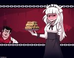  1boy 1girl :d arm_behind_back bangs black_hair blunt_bangs breasts demon_girl food frills helltaker helltaker_(character) horns long_hair looking_at_viewer lucifer_(helltaker) maid_headdress marikbentusi mole mole_under_eye open_mouth pancake skirt smile sunglasses white_hair 