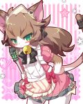  1girl :&lt; animal_ears bell black_bow blush bow broom brown_fur brown_hair cat cat_busters cat_ears cat_girl cat_tail charlotte_(cat_busters) commentary contrapposto cowboy_shot furry green_eyes hair_bow hand_on_hip holding holding_broom leaning_forward long_hair looking_at_viewer maid_headdress pink_background rao_(artist) simple_background slit_pupils solo standing star striped striped_background tail tail_bow two-tone_fur whiskers white_fur 