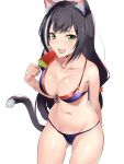  1girl :d akire_zz animal_ear_fluff animal_ears arm_behind_back ass_visible_through_thighs bangs bare_arms bare_shoulders bikini black_bikini black_hair blush breasts cat_ears cat_girl cat_tail cleavage collarbone cowboy_shot eyebrows_visible_through_hair food green_eyes highres holding holding_food karyl_(princess_connect!) long_hair looking_at_viewer medium_breasts multicolored_hair navel open_mouth popsicle princess_connect! princess_connect!_re:dive smile solo stomach streaked_hair swimsuit tail very_long_hair watermelon_bar white_hair 