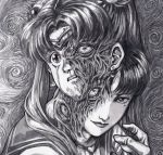  2girls art_shift bishoujo_senshi_sailor_moon blood choker closed_mouth commentary derivative_work diadem dominic_ian_cabatit english_commentary extra_eyes eyelashes fusion greyscale guro heart heart_choker highres horror_(theme) itou_junji_(style) kawakami_tomie lipstick looking_at_viewer makeup mole mole_under_eye monochrome multiple_girls parted_lips sailor_moon_redraw_challenge school_uniform screencap_redraw serafuku smile tomie tsukino_usagi twintails wide-eyed 