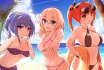  3girls ahoge azur_lane bangs bare_shoulders bikini black_bikini blonde_hair blue_eyes blue_hair blush breasts cleavage commentary_request eyebrows_visible_through_hair hair_ribbon halterneck highres honolulu_(azur_lane) honolulu_(summer_accident?!)_(azur_lane) large_breasts leander_(azur_lane) long_hair multiple_girls purple_eyes red_hair ribbon ryou_(ryo_217cafe) smile st._louis_(azur_lane) string_bikini swimsuit twintails 