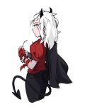  1girl absurdres back belt breasts demon_girl eyewear_removed fingerless_gloves gloves grey_eyes helltaker highres horns justice_(helltaker) lanxcer long_hair looking_at_viewer necktie red_gloves simple_background sleeves_rolled_up solo tail white_background white_hair 