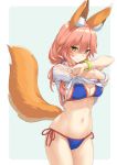  1girl absurdres animal_ear_fluff animal_ears arms_up bikini blue_bikini breasts cleavage cowboy_shot fate/grand_order fate_(series) fox_ears fox_girl fox_tail hair_between_eyes highres large_breasts long_hair looking_at_viewer navel no_pants orange_eyes pink_hair scrunchie see-through shirt side-tie_bikini simple_background smile solo stomach swimsuit tail tail_raised takayaki tamamo_(fate)_(all) tamamo_no_mae_(swimsuit_lancer)_(fate) thighs undressing wet wet_clothes wet_shirt wet_t-shirt white_background white_shirt wrist_scrunchie 