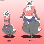  age_progression anthro bottomwear breasts cjshadorunner cleavage clothed clothing female kelsey_sienna mammal mephitid shirt shorts skunk topwear 