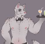  anthro beverage bow_tie canid canine fur glass_cup hi_res male mammal plate serious_face snaftfc solo spots 