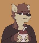  angry anthro beverage canid canine clothing coffee coffee_cup frown hi_res male mammal shirt simple_background snaftfc solo topwear 