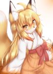  1girl :3 ahoge animal_ear_fluff animal_ears animal_nose blonde_hair blush commentary_request eyebrows_visible_through_hair fang fox_ears fox_girl fox_tail furry gradient gradient_background highres horokusa_(korai) japanese_clothes kimono korai_(horokusa) long_hair long_sleeves looking_at_viewer original simple_background sitting smile solo tail two-tone_fur upper_body white_fur yellow_eyes yellow_fur 