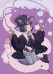  1girl animal_ears black_hair bow cat_ears cat_girl cat_tail clothing_request commentary_request copyright_request frills ghost green_eyes hat highres jikuno looking_at_viewer magic purple_background see-through short_hair simple_background smoke smoke_trail snake solo sparkle star tagme tail thighhighs wand witch_hat 