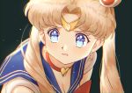  1girl bishoujo_senshi_sailor_moon blonde_hair blue_eyes blue_sailor_collar breasts choker circlet cleavage commentary_request crescent crescent_earrings double_bun earrings heart heart_choker inner_senshi jewelry long_hair looking_at_viewer medium_breasts misumi_(niku-kyu) red_choker sailor_collar sailor_moon sailor_moon_redraw_challenge sailor_senshi sailor_senshi_uniform solo tsukino_usagi twintails 