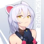  1girl animal_ears arknights bangs bare_shoulders chinese_commentary commentary_request grey_background hair_between_eyes looking_at_viewer mole mole_under_mouth mouse_ears nian scavenger_(arknights) short_hair silver_hair sleeveless solo upper_body v-shaped_eyebrows yellow_eyes 